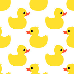 Cute seamless pattern with yellow rubber duck on white background. Duck toy baby shower illustration.