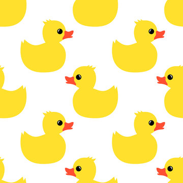 Cute seamless pattern with yellow rubber duck on white background. Duck toy baby shower illustration.