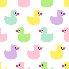 Colorful seamless pattern with multicolor rubber duck on white background. Duck toy baby shower illustration.