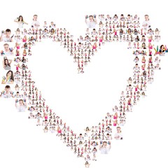 Heart Collage of many portraits of people. Isolated on white background