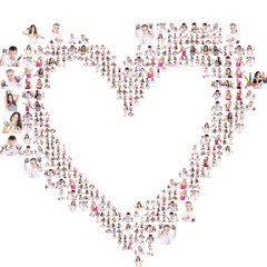 Heart Collage of many portraits of people. Isolated on white background
