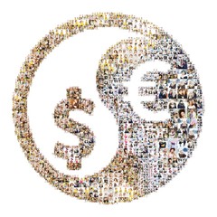 Icon parity of currencies. Formed out of peoples photography - obrazy, fototapety, plakaty