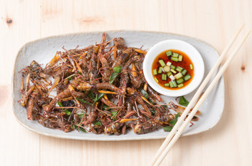 Grasshopper fried in dish.