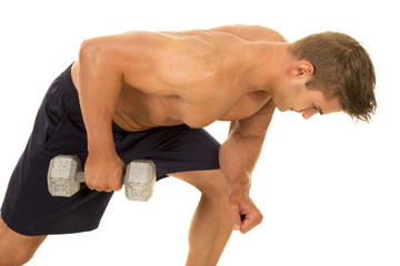 shirtless strong man bend over tricep extension down