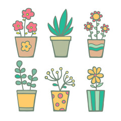 Hand drawn doodle house plants in pots. Vector set of home flowers.