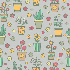 Seamless hand drawn pattern. Vector pattern with doodle house plants in pots. 