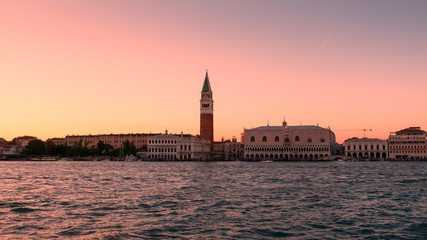 Fototapeta na wymiar Panorama of Venice view at sunset from the sea.