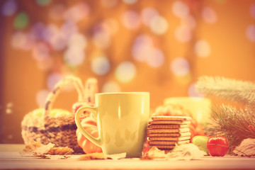 Fototapeta na wymiar Cup of coffee or tea with cookies