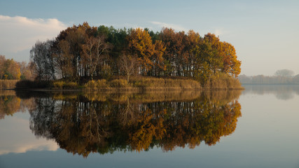 Colorful autumn trees reflected at the pond