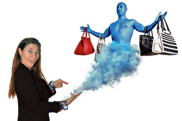 elegant fashion woman and aladdin genie of online shopping store - obrazy, fototapety, plakaty