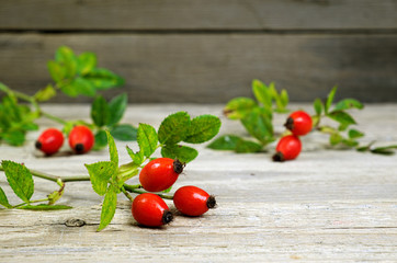 Rosehips on an old wooden table
