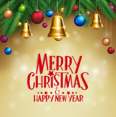 3D Realistic Merry Christmas Bells Hanging with Colorful balls in Light Background with Greetings. Vector Illustration
