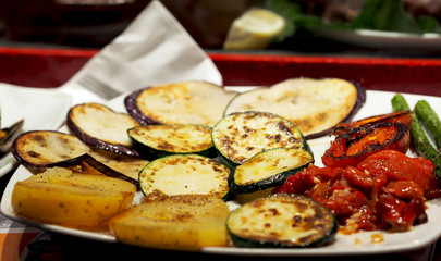 Healthy food - barbequed seasonal vegetables (zucchini, pepper, asparagus, potato)