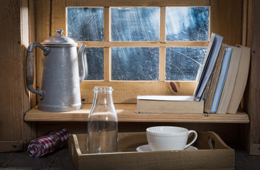 sunny morning breakfast with milk near a window