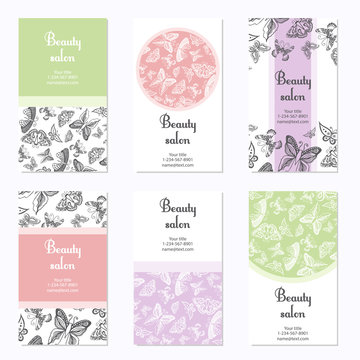 Set Of Beauty Salon Business Cards With Butterfly. Card Template Can Be Used For Spa Center, Yoga Or Fitness Class, Cosmetic Concept. Vector Illustration