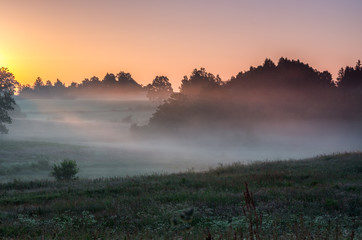 Obraz premium Mist drifts across the rural landscape illuminated by the rising sun, Pomerania, Poland