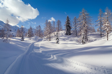 Snowy winter road in Julian Alps
