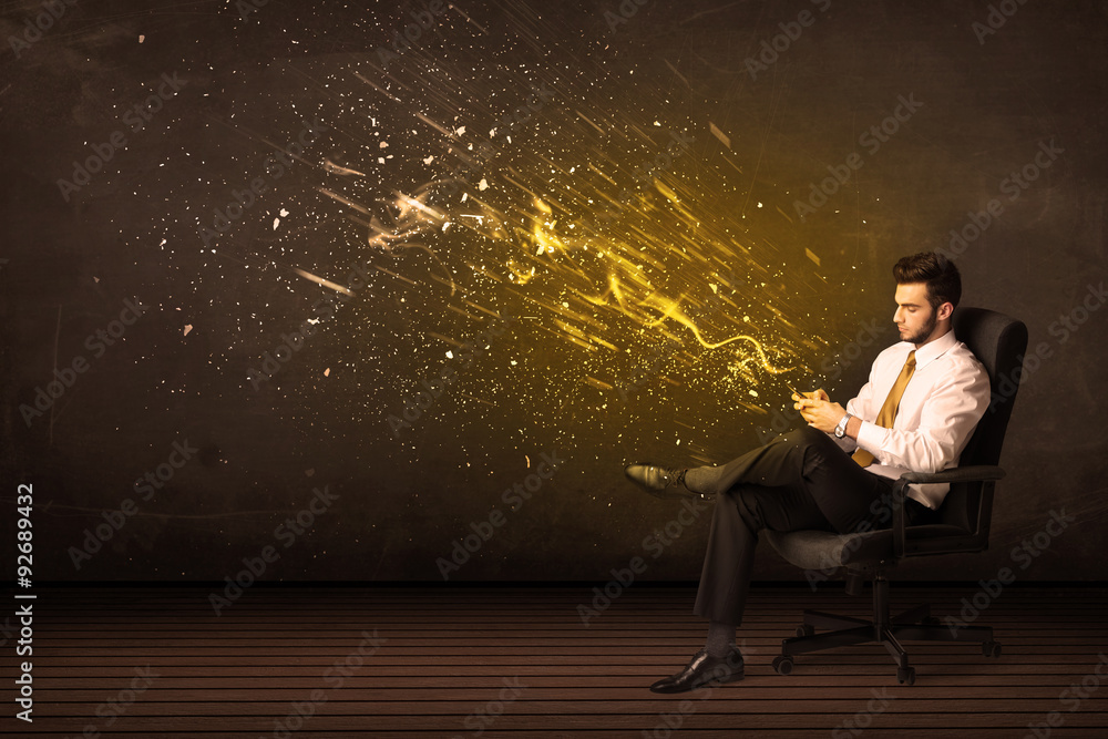 Sticker Businessman with tablet and energy explosion on background