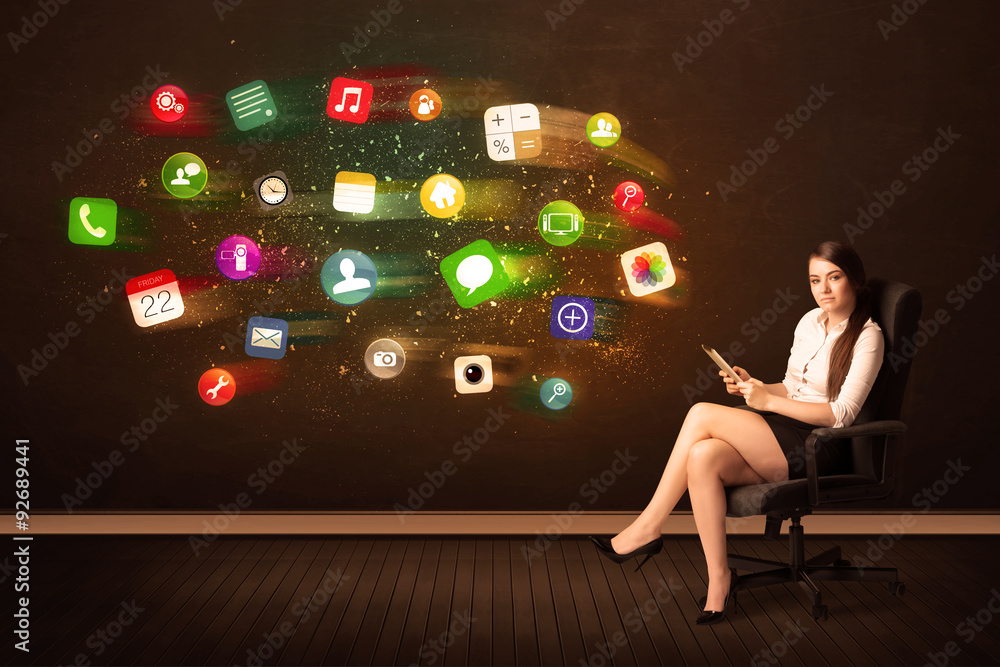 Poster Business woman sitting in office chair with tablet and colorful