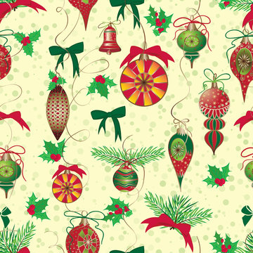 Christmas and New Year vintage seamless pattern with holiday symbols