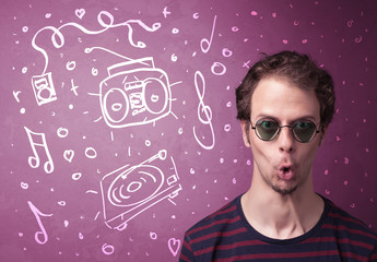 Happy funny guy with shades and hand drawn media icons
