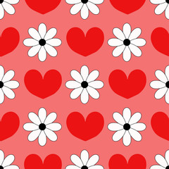 Seamless background with hearts and chamomiles