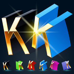 3D vector futuristic luxury alphabet with gold. All symbols in set have 8 random points of view and 6 different colors. Letter K