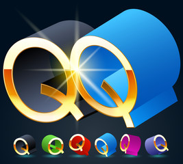 3D vector futuristic luxury alphabet with gold. All symbols in set have 8 random points of view and 6 different colors. Letter Q