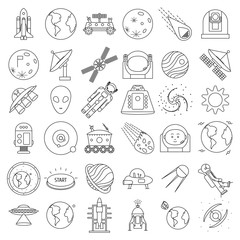 Set of outlined space equipment icons. ufo, satellite
