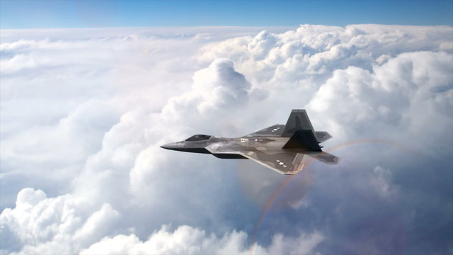 Американский военный самолет F-22  летит в атаку