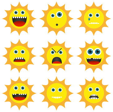 Collection of 9 different emoticons in sun shape
