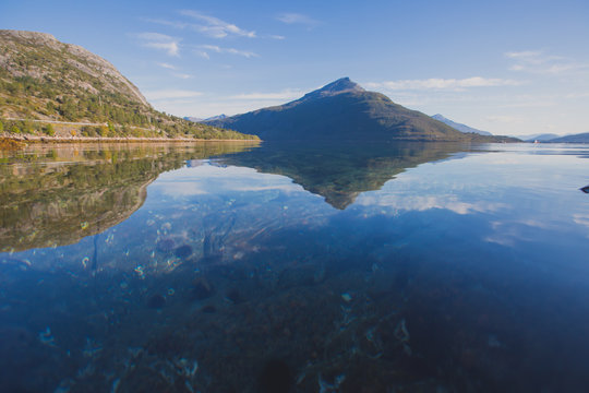 Beautiful vibrant summer norwegian landscape with coast of fjord with a blue sky, blue clear water, norway, norge