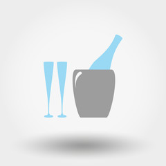 Bottle in ice bucket and glasses icon.