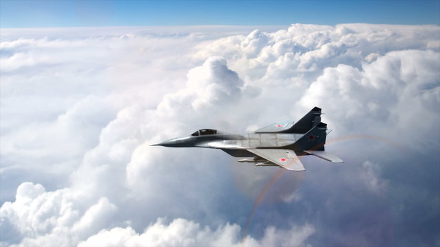 Русский самолет МИГ-29 идет на вираж. Видео содержит настоящий звук летящего самолета.