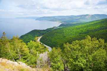 Cabot Trail highway on the east coast seen from Cape Smokey Mountain in Nova Scotia, Canada