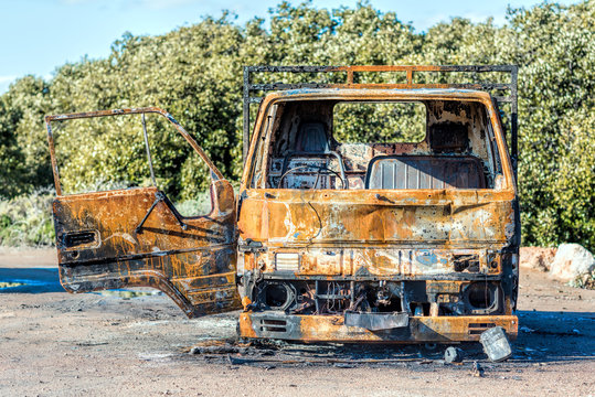 Burnt truck surrounded by nature