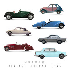 Set Illustrationen mit  historischen französischen Autos