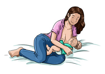 Mama amamantando bebe recién nacido en cama
