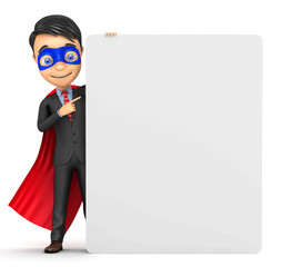 3d super businessman with a poster on a white background