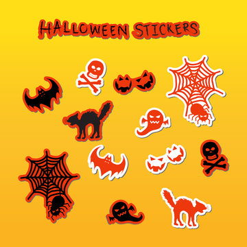 A set of Halloween spooky stickers in black, white and oeange color.
