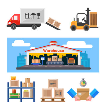 Warehouse and all the stuff: warehouse building, truck, loader with weight, shelves with boxes. Flat vector illustration set.