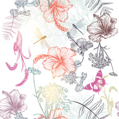 Floral seamless vector background with engraved flowers hibiscus © Mary fleur