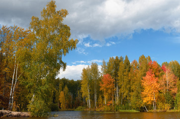 Fototapeta premium Landscape colorful autumn forest lake river sky clouds