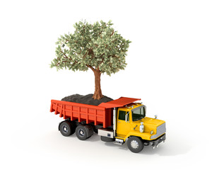 Concept, truck with a money tree in the back in perspective