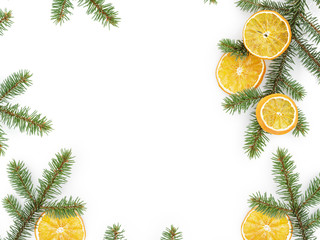 fir twig with dried orange slice on white background