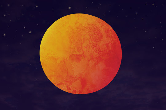 Illustration of a blood moon and supermoon. The illustration is made from textures and drawing in photoshop, so it can be an arbitrary moon and/or (red) planet. 