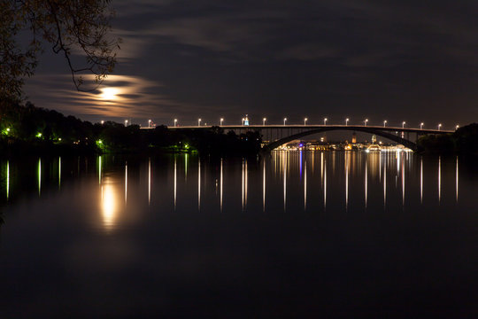 Moonlight over Västerbron bridge in Stockholm