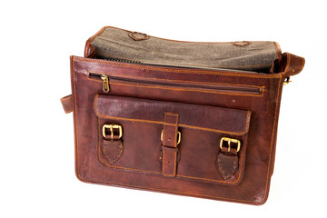 brown leather bag for executives clicked against a white background available with clipping mask