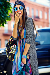 Fashion funny  glamor stylish sexy smiling  beautiful  young woman model in hipster summer clothes ...