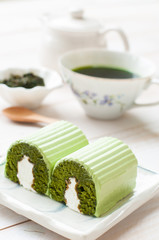 Japanese Matcha Green tea cake, tea and cake